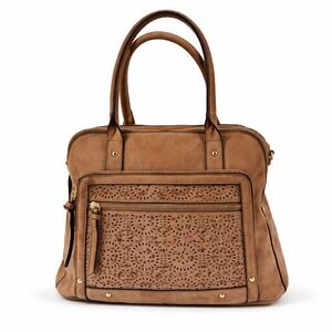 Violet Ray Logan Satchel Purse Brown Faux Suede Laser Cut Floral Gold Hardware